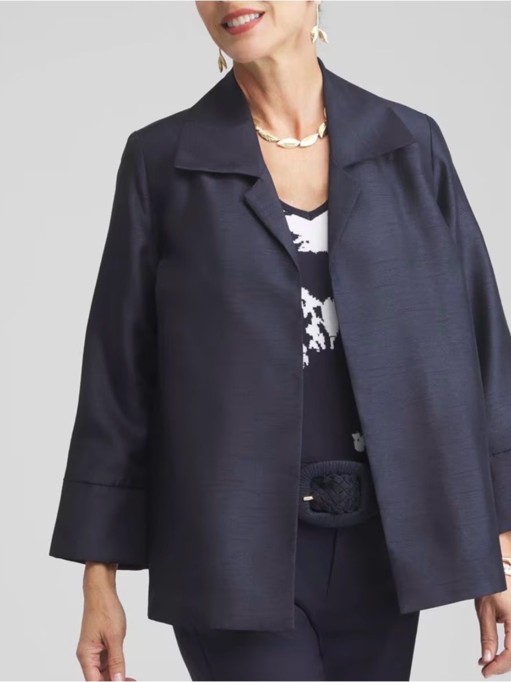 Chico's Shantung Topper in Classic Navy Open-Front Blazer Jacket Women’s Size M